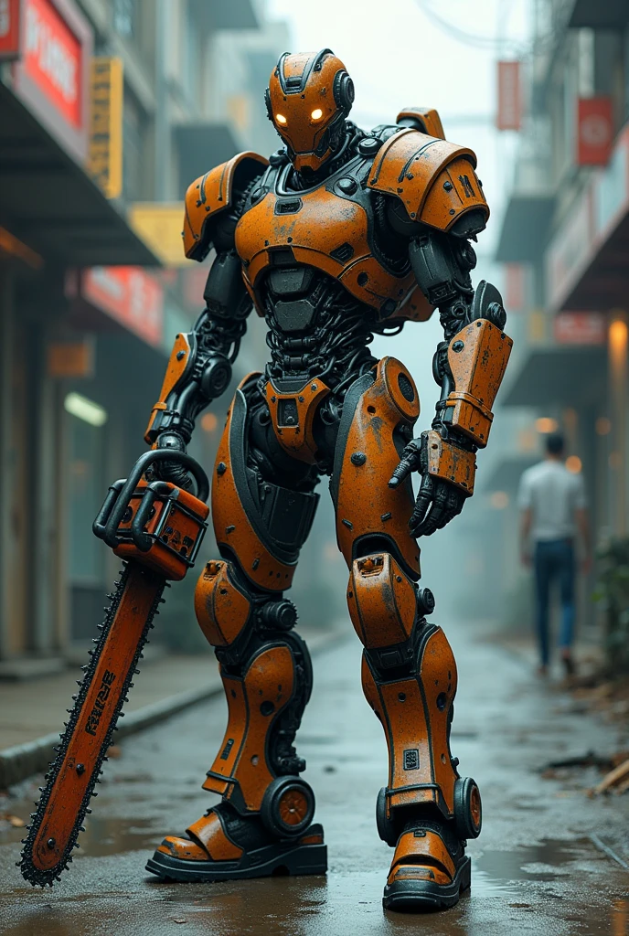 Dark_Fantasy,Cyberpunk,(chain saw,chain saw man,Red:1.1),1man,Mechanical marvel,Robotic presence,Cybernetic guardian, wearing a worn-out mech suit, intricate, (steel metal [rusty]), elegant, clear focus, shot by greg rutkowski, soft lighting, vibrant colors, masterpiece, ((street)), cowboy shot, dynamic pose,