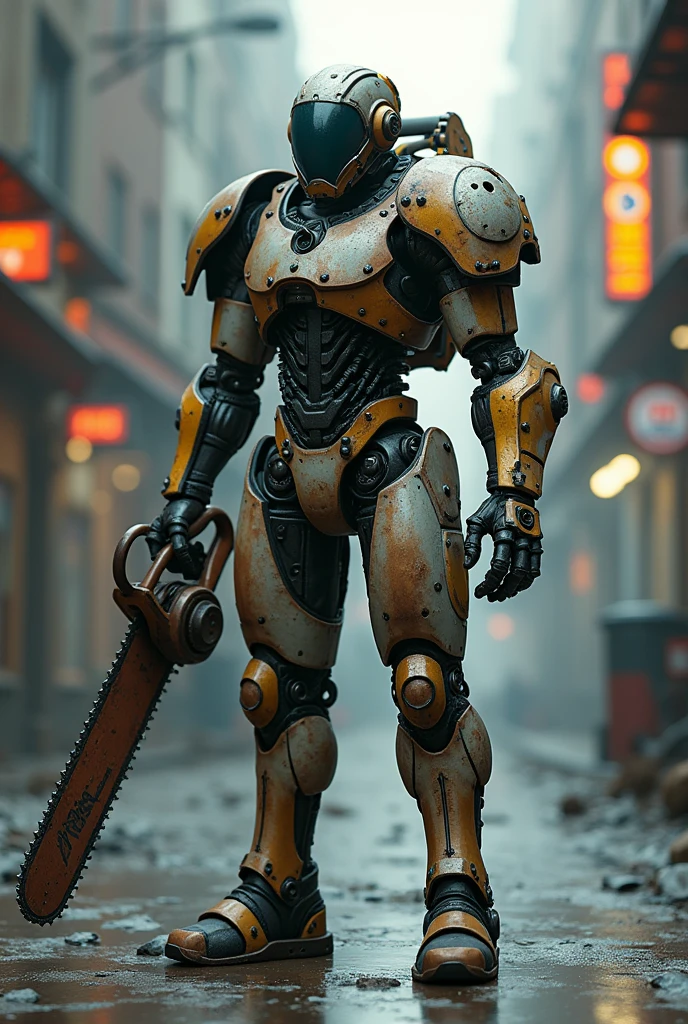 Dark_Fantasy,Cyberpunk,(chain saw,chain saw man,Red:1.1),1man,Mechanical marvel,Robotic presence,Cybernetic guardian, wearing a worn-out mech suit, intricate, (steel metal [rusty]), elegant, clear focus, shot by greg rutkowski, soft lighting, vibrant colors, masterpiece, ((street)), cowboy shot, dynamic pose,