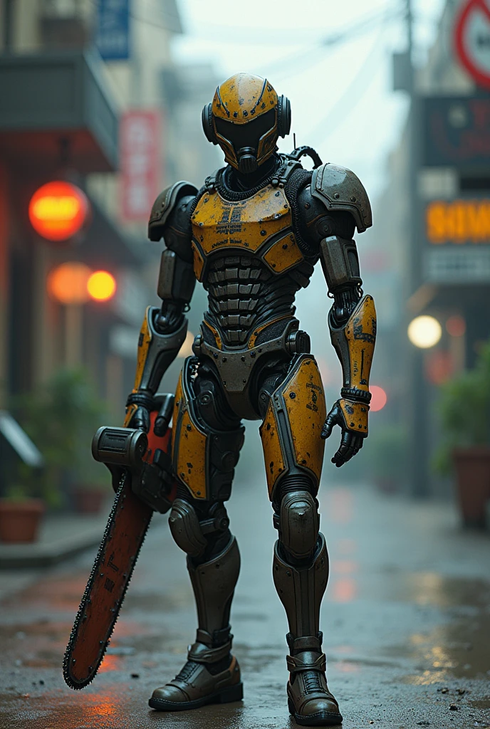 Dark_Fantasy,Cyberpunk,(chain saw,chain saw man,Red:1.1),1man,Mechanical marvel,Robotic presence,Cybernetic guardian, wearing a worn-out mech suit, intricate, (steel metal [rusty]), elegant, clear focus, shot by greg rutkowski, soft lighting, vibrant colors, masterpiece, ((street)), cowboy shot, dynamic pose,