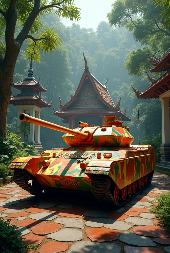 The T90 tank pattern is Thai food and is in a forest temple.