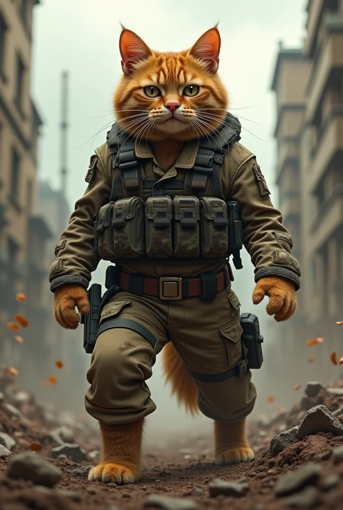orange cat,wearing suit combat,war place,