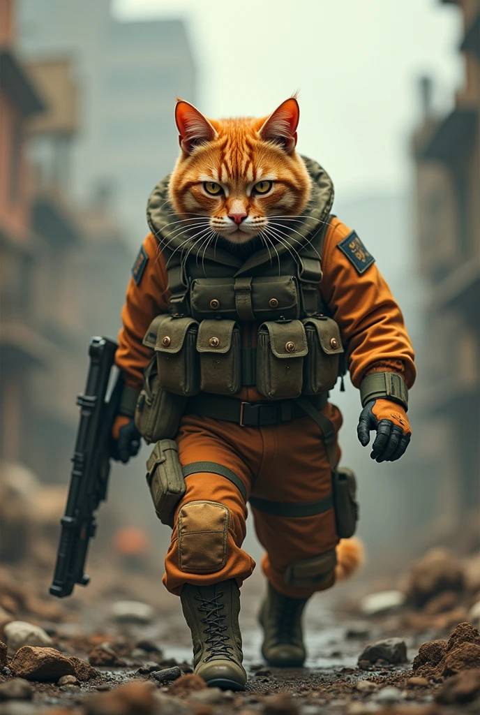 orange cat,wearing suit combat,war place,