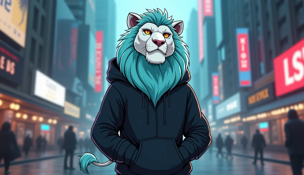 Full-body cartoon style white lion with aquamarine mane standing in a black hoodie on an urban background
