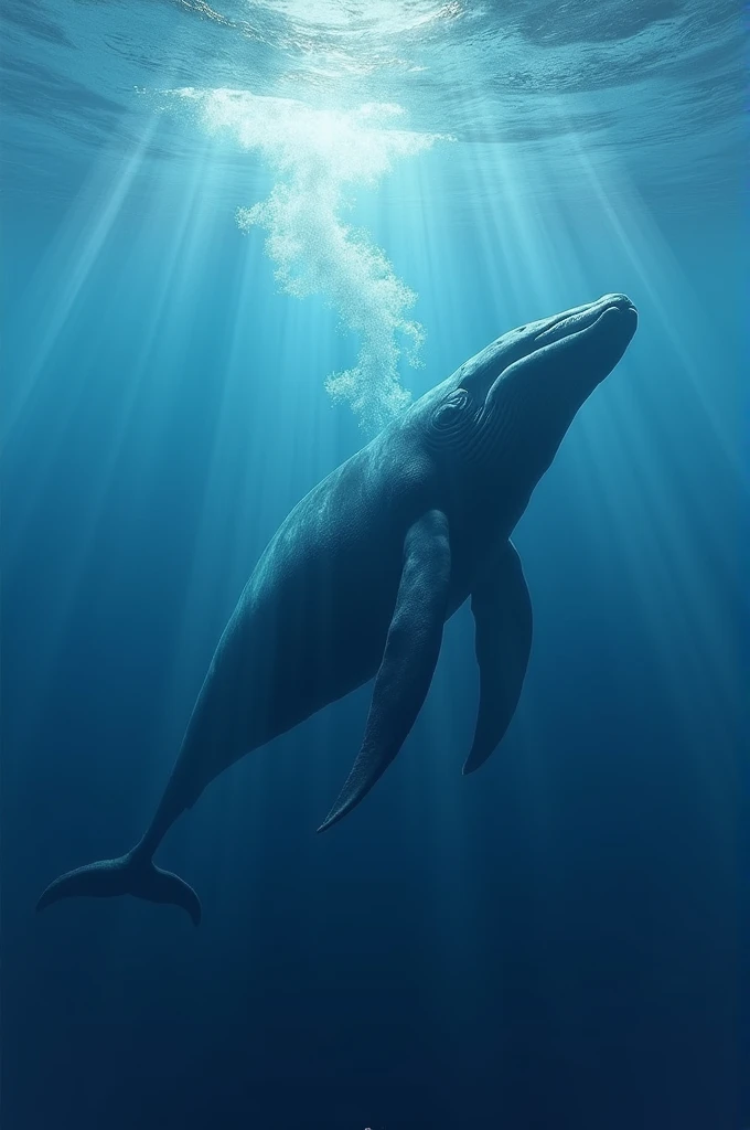"A serene underwater scene with a blue whale blowing water from its blowhole, emphasizing its grandeur and the peaceful nature of the ocean."