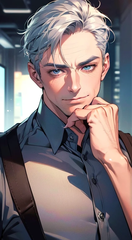 (best quality,4k,8k,highres,masterpiece:1.2),ultra-detailed,(realistic,photorealistic,photo-realistic:1.37),1 man,3,mature man,very handsome,without expression,smile,short grey blue hair,blue eyes,penetrating gaze,perfect face without errors,imposing posture,businessman,office background,cinematic lighting,hdr image