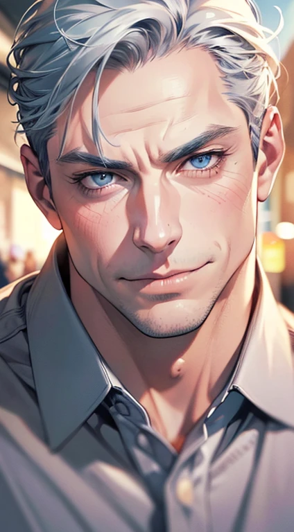 (best quality,4k,8k,highres,masterpiece:1.2),ultra-detailed,(realistic,photorealistic,photo-realistic:1.37),1 man,3,mature man,very handsome,without expression,smile,short grey blue hair,blue eyes,penetrating gaze,perfect face without errors,imposing posture,businessman,office background,cinematic lighting,hdr image