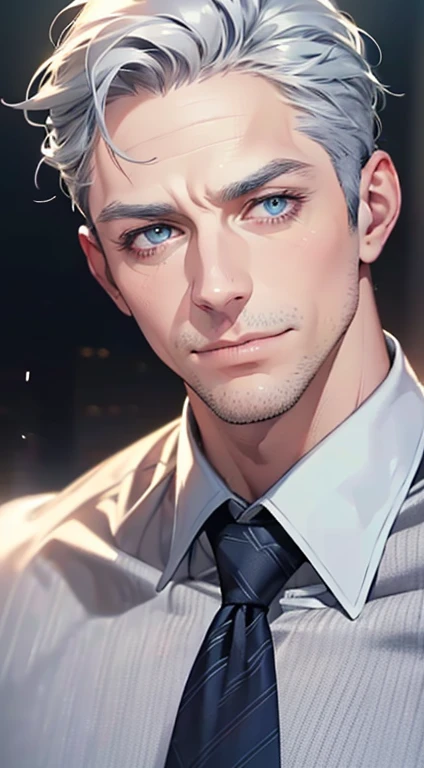 (best quality,4k,8k,highres,masterpiece:1.2),ultra-detailed,(realistic,photorealistic,photo-realistic:1.37),1 man,3,mature man,very handsome,without expression,smile,short grey blue hair,blue eyes,penetrating gaze,perfect face without errors,imposing posture,businessman,office background,cinematic lighting,hdr image