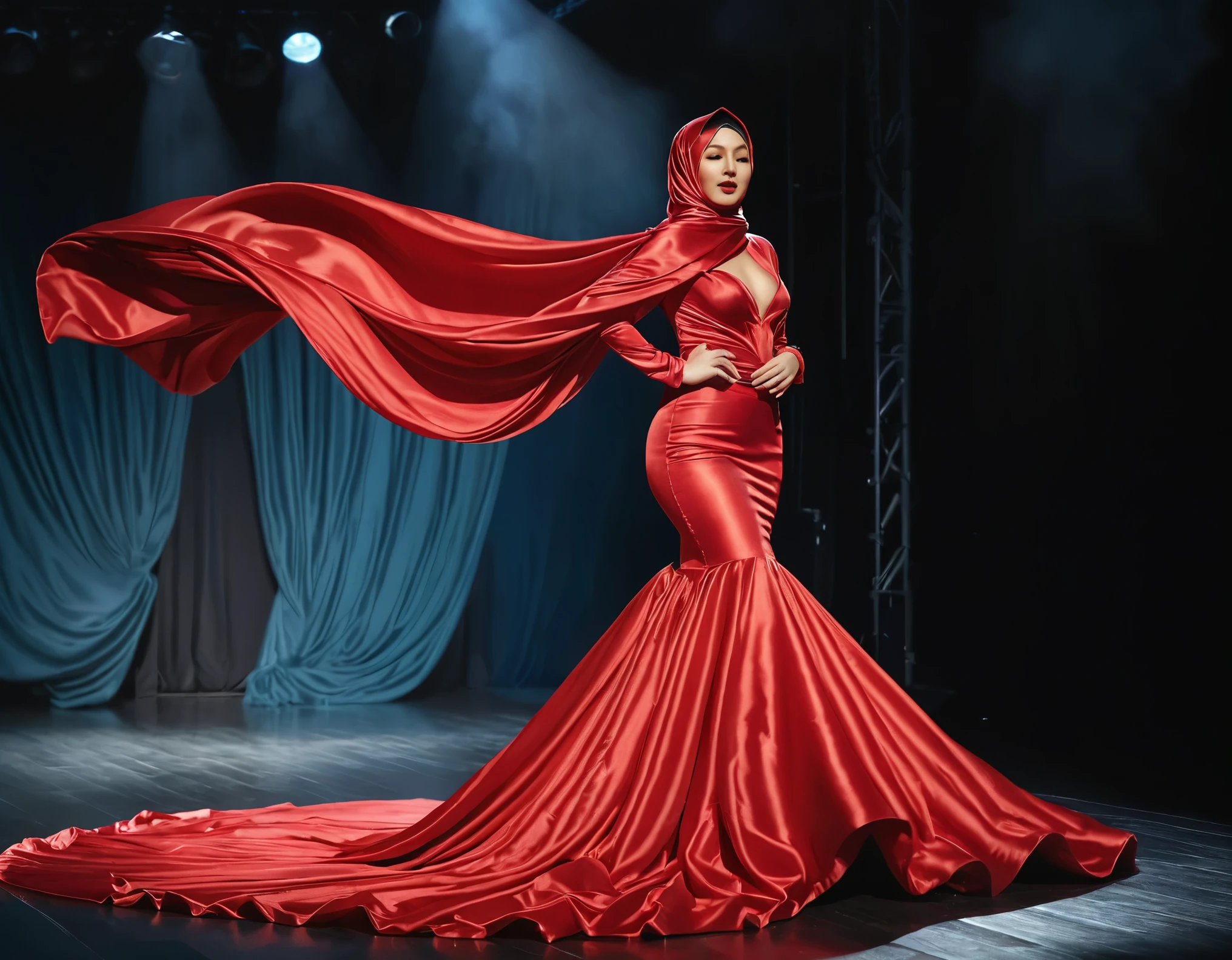 A woman shrouded in a 8-meter-long, plush red satin cloth, tightly bound and grandly draping along the form of her body, flowing off into a pooled floor-length train, styled in a mermaid-inspired outfit with very long train outfit, her head modestly veiled in a satin hijab, tall woman, walk on stage, sing in front of a microphone stand, a full-body pose conveying a sense of mysterious elegance, captured in a 4k resolution, ultra-realistic