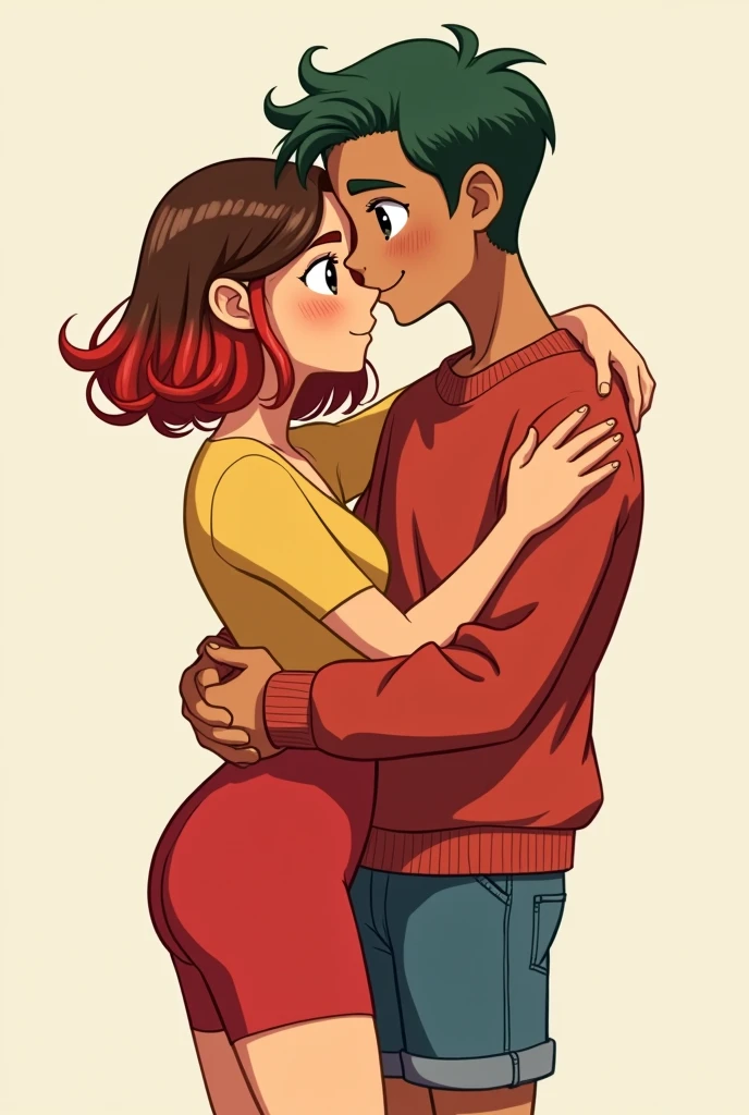Create an image (fanart) of two cartoon characters. The two characters are from the cartoon "Paper Port". Create an image de casal de Matilde e Carlos. They are 20 years old. Matilde has a light warm skin color., light eye, brown bob hair with red highlights, yellow and blue. She wears a yellow blouse, a red cycling shorts, a denim jacket and sneakers. Carlos has a light warm skin color., just a little darker than Matilde's, his hair is short and green, his eye is black, he wears a red sweatshirt with denim shorts and black ALL star. Make them more mature and taller. Don't forget Matilde's colorful locks. Make them hug. Make them look less childish and childish