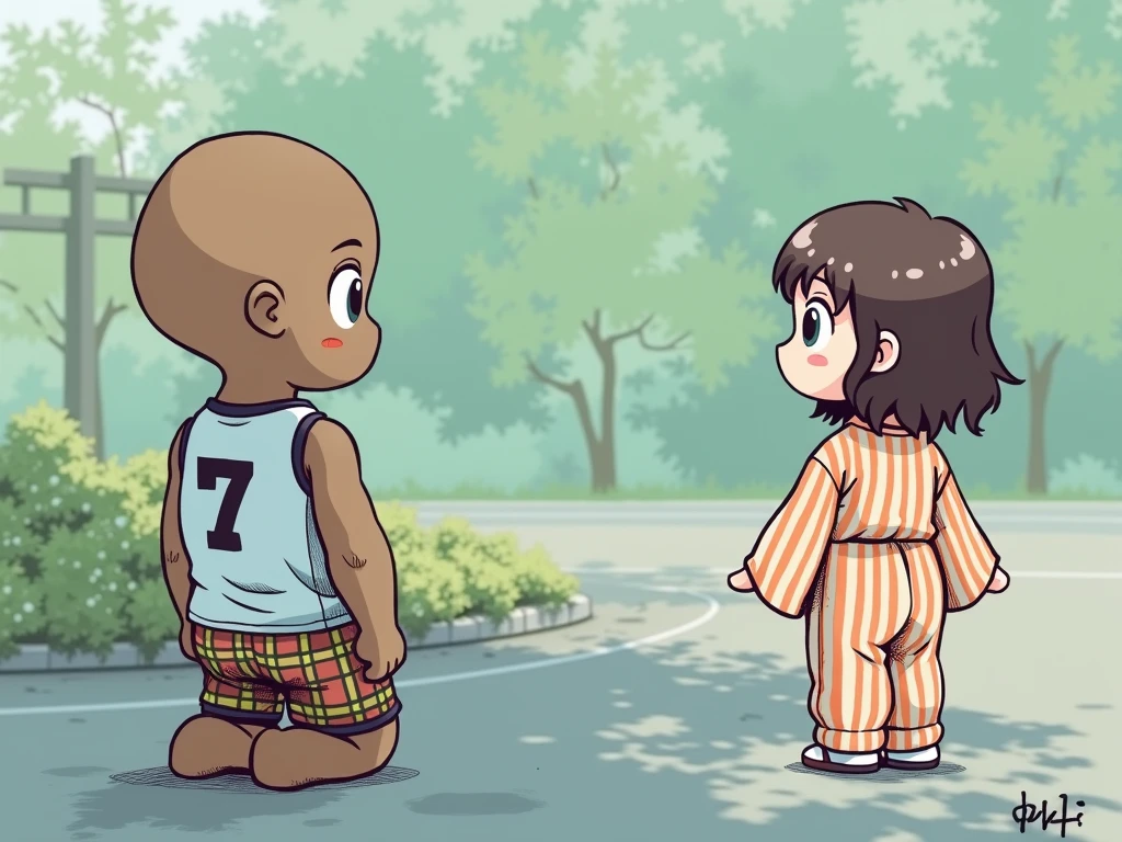 1980s retro hand drawn ink. A  black boy named Greg Burke kneeling on concrete with short close crop shaved hair, in an all-white number seven sports jersey, loose-fitting plaid cotton boxers shorts and a Japanese small named Ikari Yu with medium length brown hair wearing an orange stripe kimono.