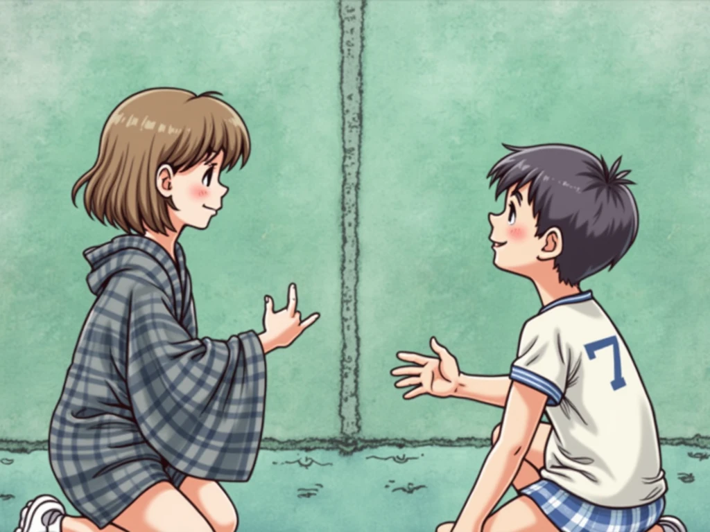 1980s retro hand drawn ink. A small black boy named Greg Burke kneeling on concrete with short close crop shaved hair, in an all-white number seven sports jersey, loose-fitting plaid cotton boxers shorts and a Japanese small girl named Ikari Yu with medium length brown hair wearing an orange e kimono.