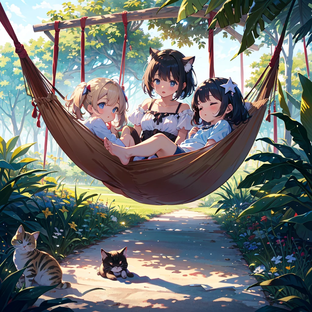 {{{Masterpiece, highest quality, high resolution background}}}, Bright and beautiful atmosphere, 1 girl (, round face, baby face), small breasts, sandy beach, hammock, many kittens sleeping in the hammock, A girl shaking a hammock, a mini pig looking up at the hammock, "deltamon_sdXL :0.73)>Deltamon"