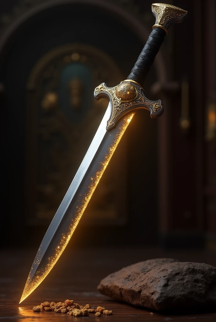 Dagger with gold rocks bit on edge of the blade