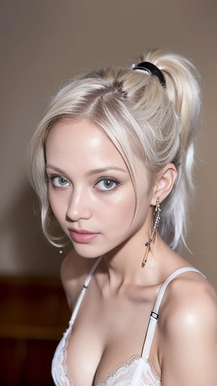 RAW photos, ((((Portrait of extreme beauty))), (((Radiant white beautiful skin)), 1 girl, 1 pretty beautiful girl, ((blonde of bright various colors with glossy)), disheveled hair, hair hanging in front of the face and clinging, [Attractive whitish blue eyes], silky fine hair, ponytail, eyeliner, bangs, hair between the eyes, fluttering hair, a little smile, ((masterpiece, top quality, Ultra detail, film light, complex detail, high resolution, 8k, very detail)), detailed background, 8k uhd, dslr, soft light, high quality, film grain, fujifilm XT3, shallow depth of field, natural light, (perfect hands), sexy and perfect beautiful face, Earrings, small and perky breasts, High Value Cross Beautiful Back Underwear Women, Small Breasts, Push Up Sexy Breasts, Adjustable Bra Set Without Steel Ring