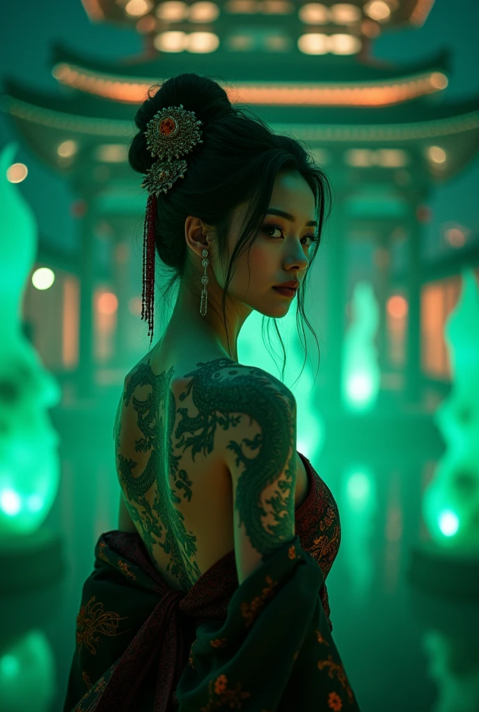 8k Beautiful Asian woman, dressed in Japanese costume, back tattooed of a dragon with Japanese letters behind a Japanese temple, with green neon lights, at night
