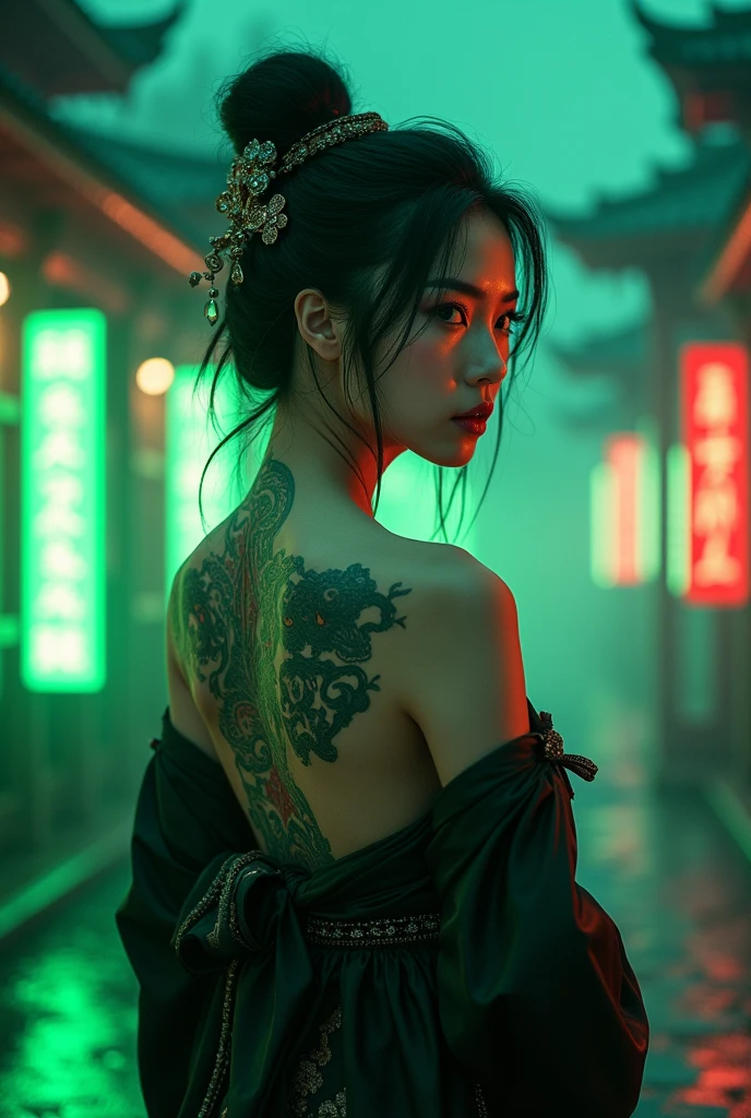 8k Beautiful Asian woman, dressed in Japanese costume, back tattooed of a dragon with Japanese letters behind a Japanese temple, with green neon lights, at night