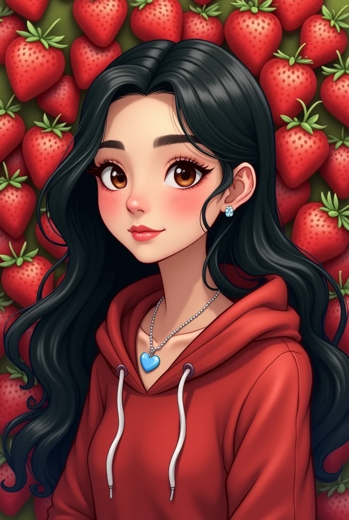 Disney image of a woman with long straight black hair, bookish hairstyle with curls wearing a red hooded sweatshirt and a blue heart necklace on a strawberry background