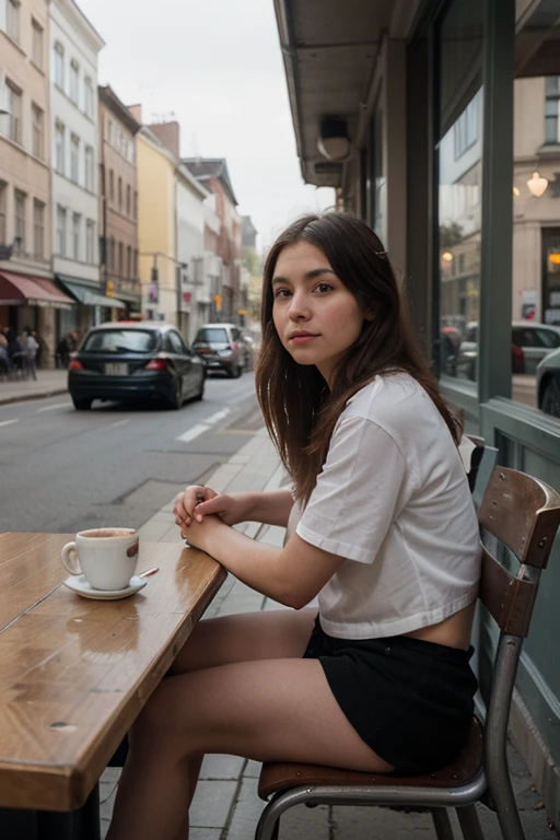 ((best qualityer)), ((work of art)), (detailded), 1 girl, sitting in a coffee shop looking out the window, in street, There are some cars and people walking around