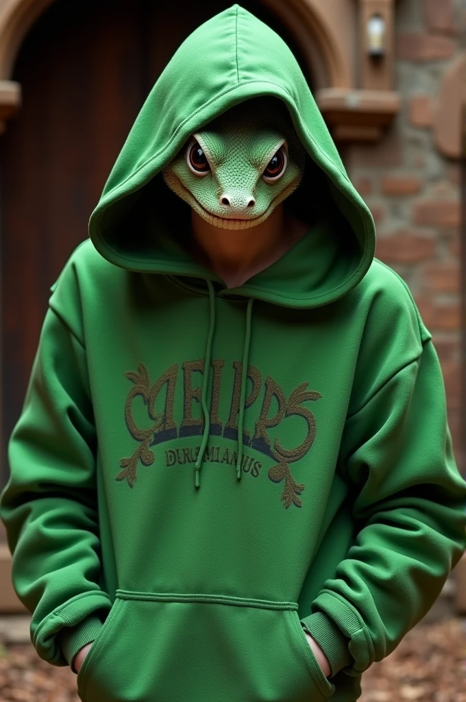 Crotalus adamanteus  green hoodie in a house 