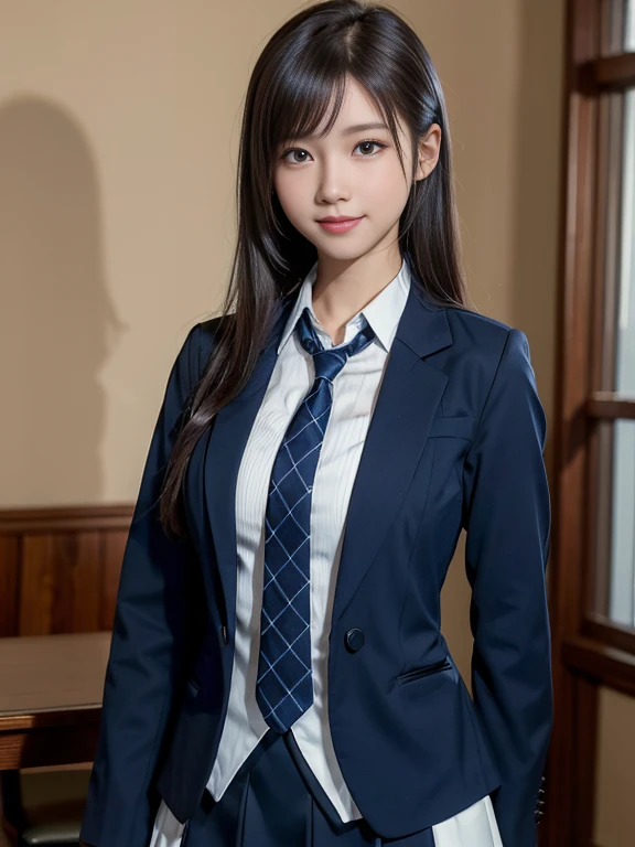 Tabletop, Super Detail, high quality, Awards, 8k, (), alone, smile, Japanese High School Uniform, (All formal jackets are dark blue), White shirt, Short tie, A short skirt with a check pattern, The theme color is dark navy, Are standing, Half Body Shot, Portrait Style