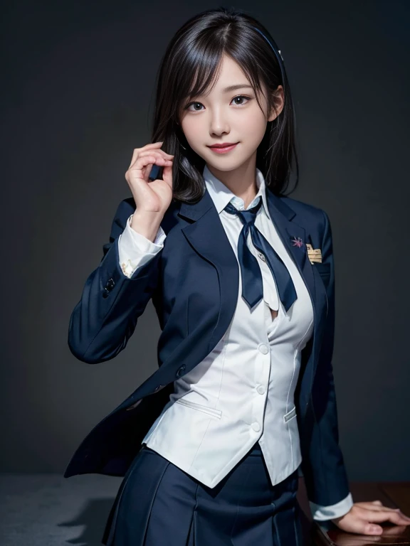(8k), (highest quality: 1.2), (Realistic), (Realistic: 1.47), Ultra-high resolution, 1 girl, cute, smile, Mouth closed, (Thick lips:1.2),Red lips,(Purse your mouth),Beautiful details, Beautiful Nose,(Straight shiny black hair),(With a black ribbon on her head),(ponytail),Stand on the neon street,Bend your elbows and raise your hands,(University uniform,A simple navy blue blazer,White satin shirt,tie,Tight Skirt, shiny pantyhose:1.4),(knees),Thighs,(Ultra low angle:1.2),(Medium Shot),