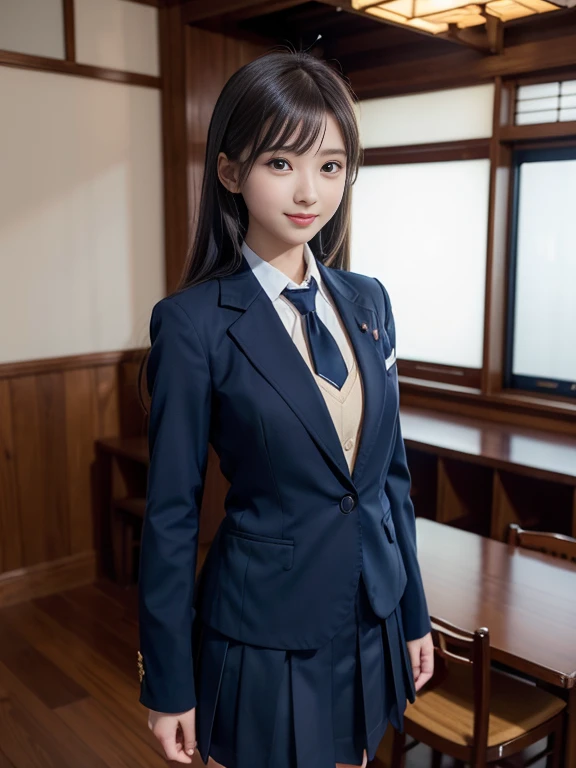 Tabletop, Super Detail, high quality, Awards, 8k, (), alone, smile, Japanese High School Uniform, (All formal jackets are dark blue), White shirt, Short tie, A short skirt with a check pattern, The theme color is dark navy, Are standing, Half Body Shot, Portrait Style