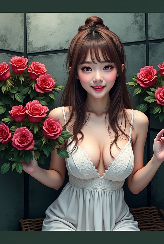 (Highest quality:1.4),(masterpiece:1.4),(Realistic:1.4),(Realistic:1.2),(超High resolution, RAW Photos:1.4),(High resolution, Very detailed:1.2),(8k:1.2),photograph,(Shot from behind:1.3)、Korean women、brown hair photos,One Woman,alone,(In underwear),Very large breasts,((Thigh to head shot:1.3))、(((topless、You can see her large breasts from the side.)))、((Toothy smile))、((Very large breasts:1.4))、Realistic skin textures、Slightly freckled、Slender figure、Realistic skin textures、((background,Concrete wall:1.3)),(topless,The breast is visible from the side:1.6),(Long lace slip,White)、3 woman、The angle at which the nipple is not visible、((Updo long hairstyle))、((Black,Long lace slip:1.4))、Correct toes、Detailed facial features、Kneeling pose on the floor、Hands on the floor、Long slip covers the buttocks and soles of the feet、Long slip covers your butt、Chin up、