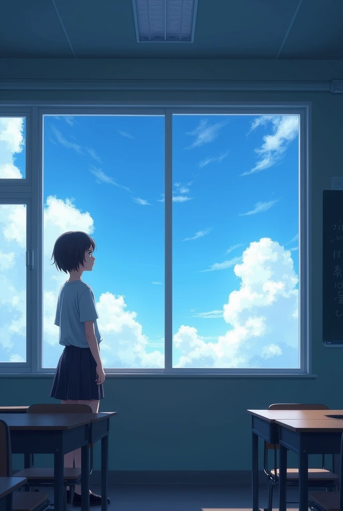 From the classroom window、I can see the sky、Gazing at the beautiful sky、Nobody is here、I&#39;m in an empty classroom in an anime。