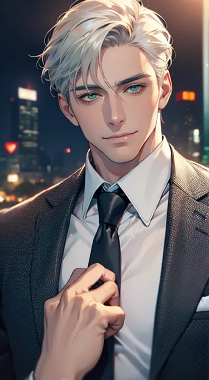 (Highest quality,4K,8K,High resolution,masterpiece:1.2),Super detailed,(Realistic,photoRealistic,photo-Realistic:1.37),1 personld,Mature Men,Beautiful skin、very handsome,Expressionless smile in love,Short white hair,green eyes,Sharp Eyes,A perfect face without a doubt,Businessman, CEO, Office Background,Cinema Lighting,HDR image,tie、