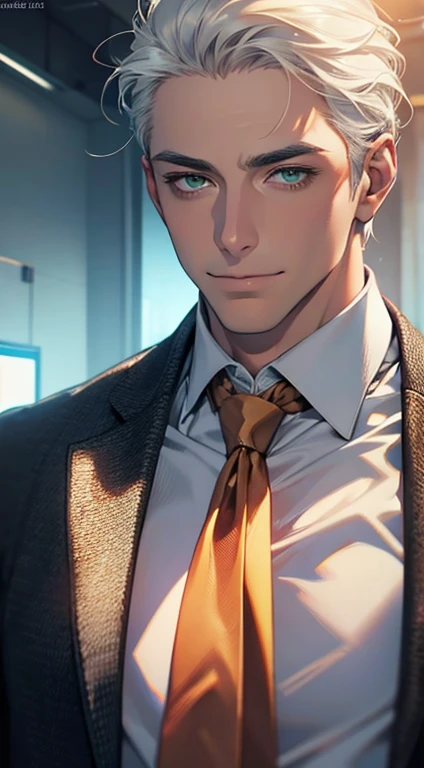 (Highest quality,4K,8K,High resolution,masterpiece:1.2),Super detailed,(Realistic,photoRealistic,photo-Realistic:1.37),1 personld,Mature Men,Beautiful skin、very handsome,Expressionless smile in love,Short white hair,green eyes,Sharp Eyes,A perfect face without a doubt,Businessman, CEO, Office Background,Cinema Lighting,HDR image,tie、