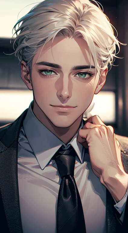 (Highest quality,4K,8K,High resolution,masterpiece:1.2),Super detailed,(Realistic,photoRealistic,photo-Realistic:1.37),1 personld,Mature Men,Beautiful skin、very handsome,Expressionless smile in love,Short white hair,green eyes,Sharp Eyes,A perfect face without a doubt,Businessman, CEO, Office Background,Cinema Lighting,HDR image,tie、