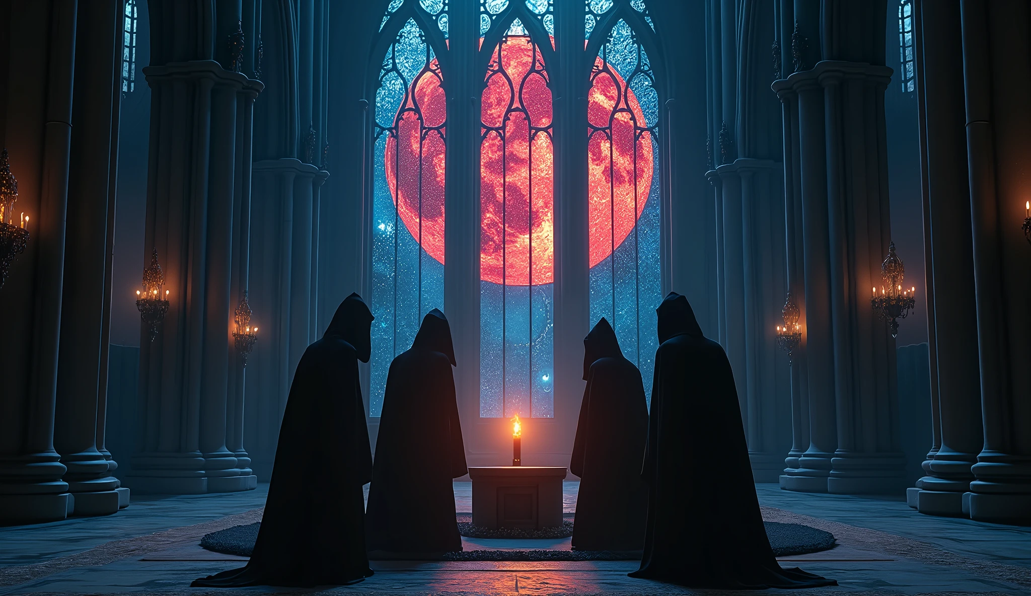 8k、 big red moon ,zoom up, large stained glass(number々の賞を受賞したmasterpiece、Incredible detail、Texture、Maximum details),blue flame candle, (summoning magic),(The moonlight at night is beautiful), (Demon King's Castle),(dark organization)arafed image of a group of people in a church with candles,lit candle, dark cinematic concept art, elegant cinematic fantasy art, photorealistic dark concept art, by Beeple, dark robes, wojtek fus, gothic epic library concept, gothic epic library, epic cinematic concept art, dark concept art, Beeple and mike winkelmann, symmetrical epic fantasy art, High resolution, masterpiece, Highest quality, Intricate details, Very detailed, Clear focus, practical skin texture, texture, Shot with Canon, 85mm, Shallow and deep, Kodak Vision Color, Exactly, Very detailed, photograph_\(Extremist\), photographpractical, practical, Post-processing, Maximum details, Roughness, Real Life, Extremist practical, Photorealism, photographgraphy, 8K Ultra HD, photographgraphy