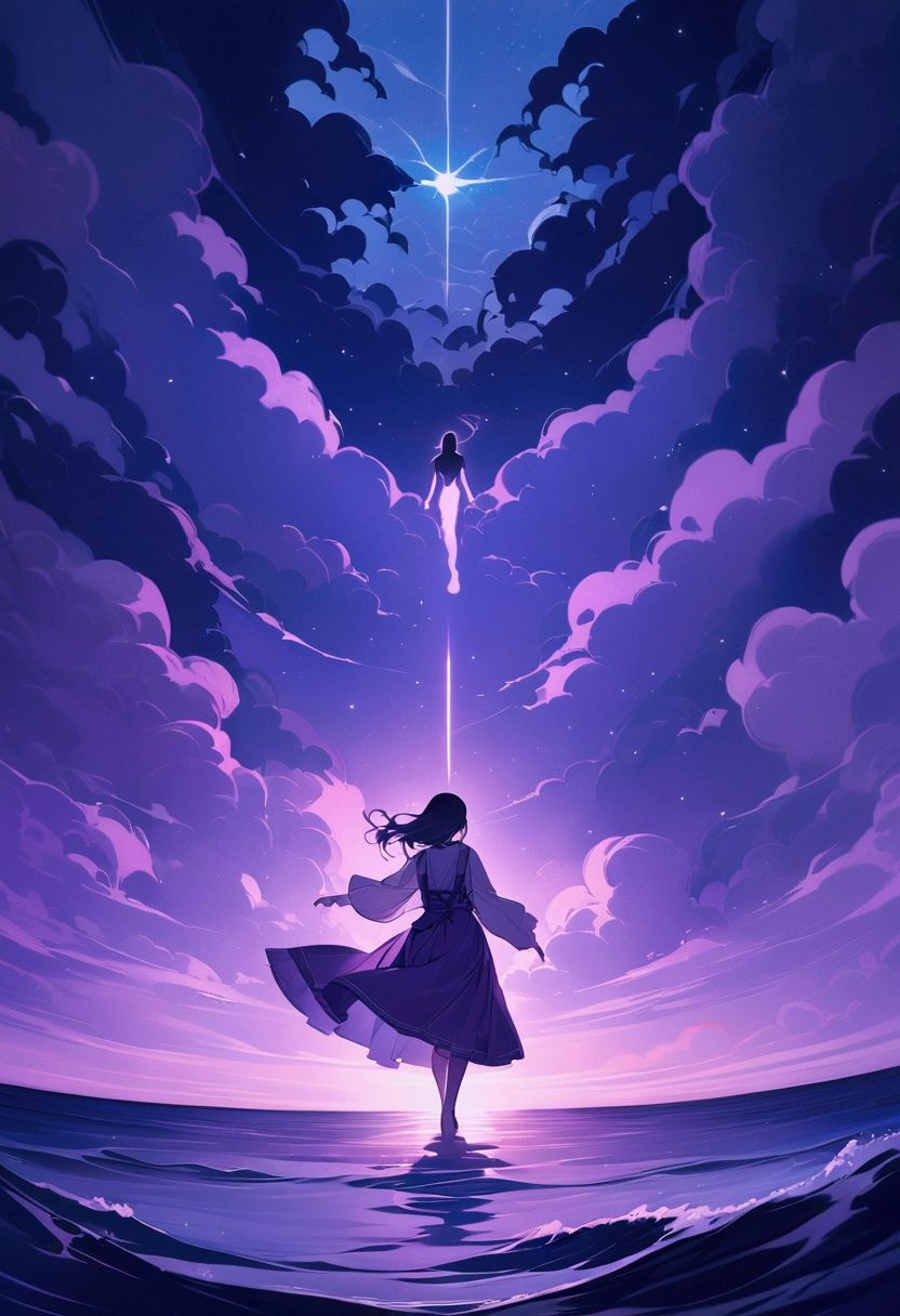 "Generate an album cover image based on the lyrics provided. The background should depict a pre-dawn sky in deep blues and purples, with a faint light on the horizon symbolizing hope. The sea is calm, with gentle waves reflecting the light. In the center, there is a silhouette of a woman standing, her figure swaying slightly in the wind. She is facing forward, ready to step into the future, leaving shadows behind her. Ahead of her, a subtle path stretches out, representing her determination to move forward. The overall mood should capture the themes of release from the past and the resolve to embrace the future."