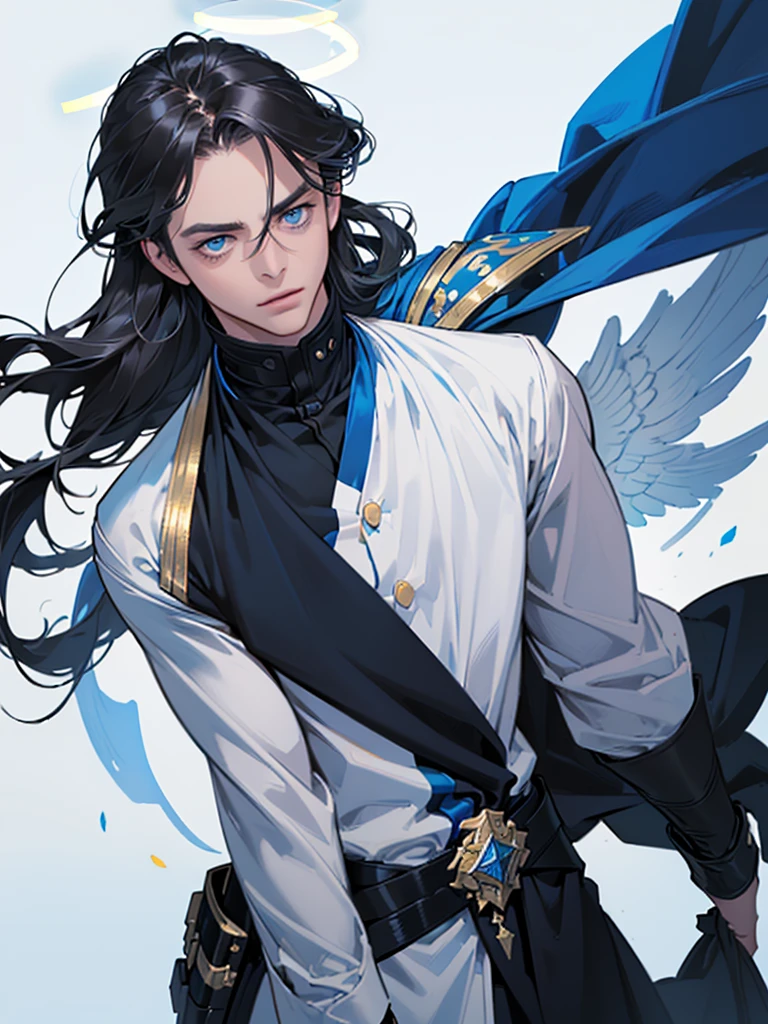 ((Maximum quality, work of art, 4K, finely detailled, detailedeyes, face detailed, gelbooru, pixiv)), warm lighting, ((standing alone)), 1 men, bonitas, masculine, adult and mature man, broadshouldered, Close face ((black hair with white and blue streak in the bangs, Halo), portraite, gentle face. looking at the observer, ((calm eyes, half covered, blue eyes with white pupils)), wearing a black and blue and gold suit, having blue wings), city background in angelic sky