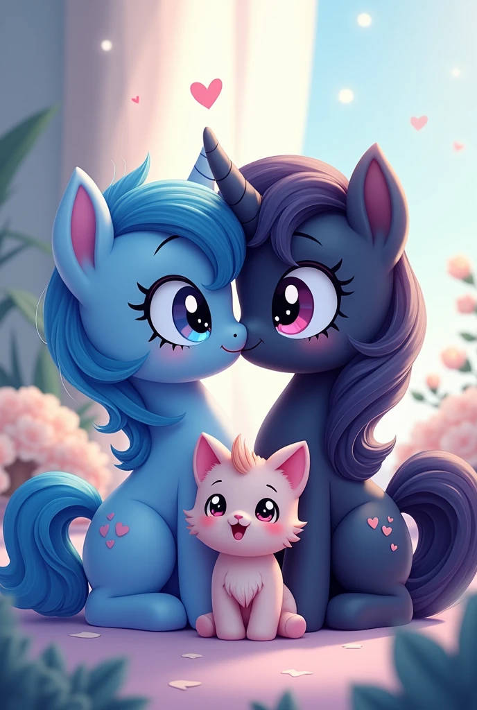 Blue male pony and black female pony with rose kissing in love, kawaii anime, more in love with their son, cutest kitten, more in love 