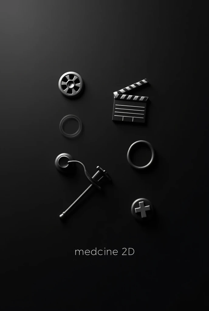 Black background with a minimalist design. Disperse four subtle elements: a film reel at the top left corner, a clapperboard at the top right, a stethoscope at the bottom left, and a medical cross at the bottom right. Place the text 'MedCine 2D' at the very bottom of the design, close to the edge, in an elegant, understated font. The overall design should be simple and sophisticated, with the elements spaced out to avoid crowding, suitable for a 9:16 vertical format."