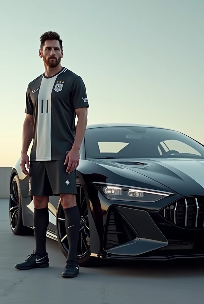 Messi with a car.the car colour is black and white.