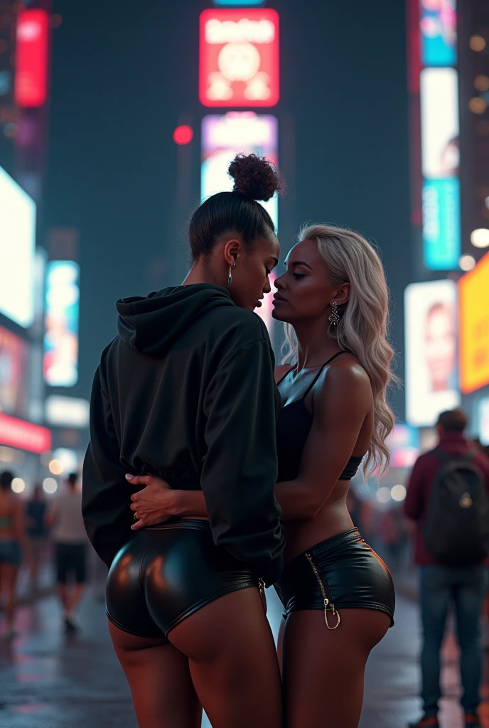 black woman hair in a bun black hoodie black leather short shorts bent over and old woman humping her bump time square new york city