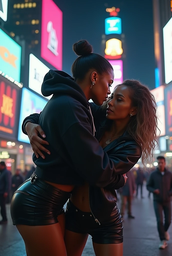 black woman hair in a bun black hoodie black leather short shorts bent over and old woman humping her bump time square new york city