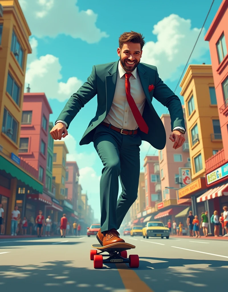 a businessman use skateboards to go to work and the background is in the town. the mood and tone is lively. he is the right of picture.