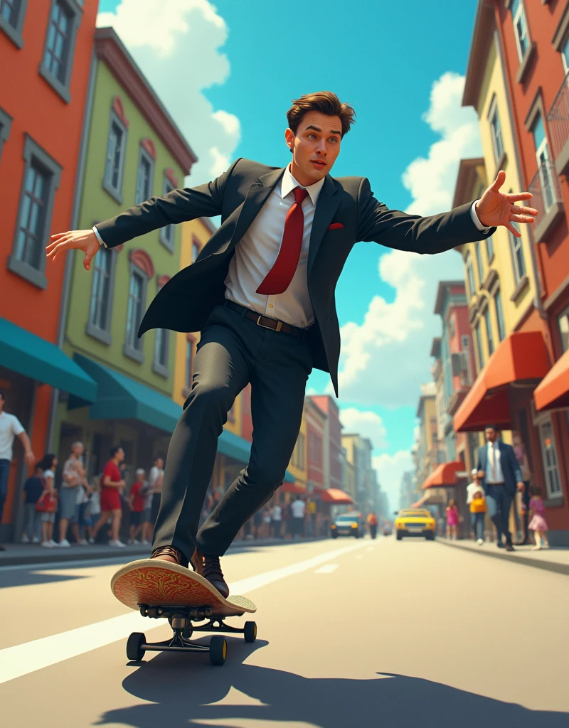a businessman use skateboards to go to work and the background is in the town. the mood and tone is lively. he is the right of picture.