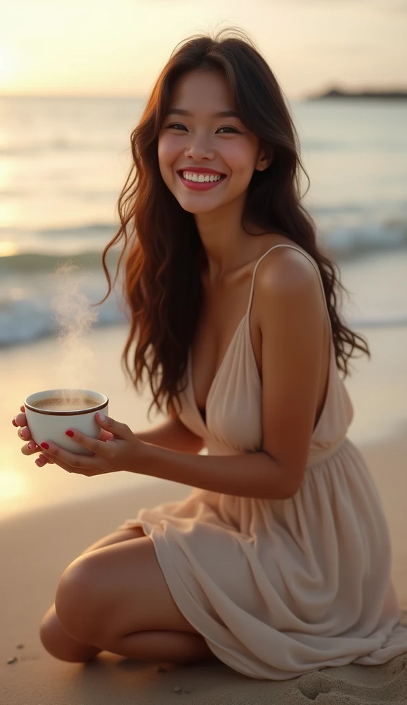 (photorealism:1.2), Create an image of an alone confident 2 Filipina woman with an hourglass body shape, slightly curvy, standing at 5'4". She has fair skin, long and thick hair, and a small heart-shaped face with subtle cheekbones and a rounded chin. Her nose is delicate, pointy, and . She is alone on a beach at dawn, wearing a flowing, light-colored slutty morning dress that gently drapes over her figure. The camera is positioned at a slightly elevated angle to capture her crouching or sitting on the sand while holding a steaming cup of hot coffee in her hands. She looks directly at the camera with a happy, smiling expression. The soft light of dawn gently illuminates the scene, casting a warm, peaceful glow over the beach. Her expression is joyful and relaxed as she enjoys the serene moment. The background features the early morning waves and the sky transitioning from night to day, adding a tranquil and calming ambiance to the atmosphere