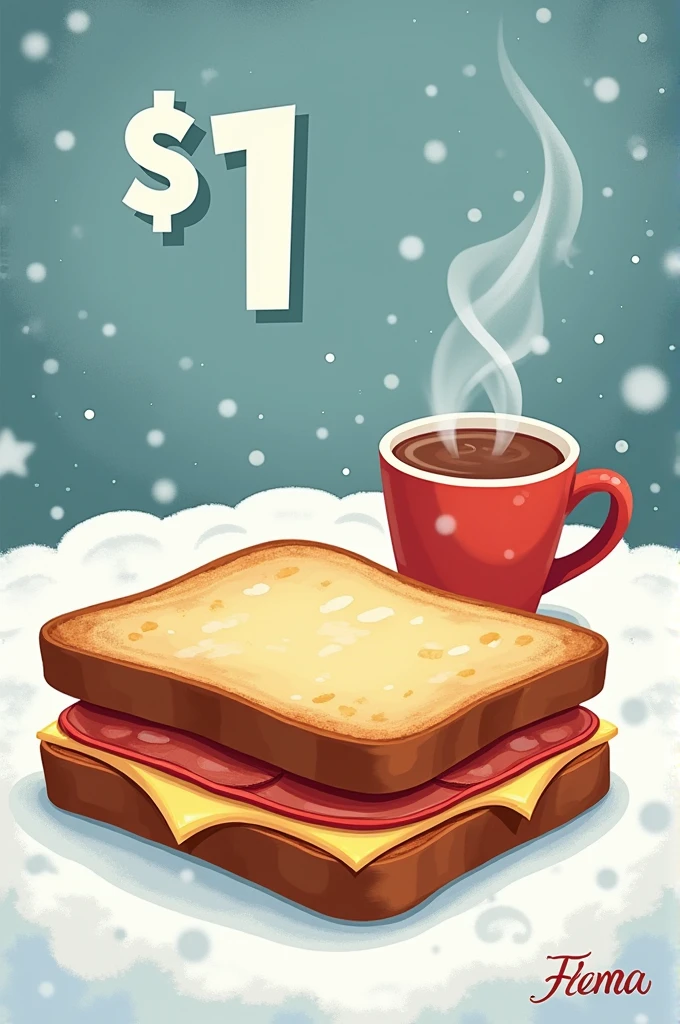 Create an image for an advertising poster, The place sells sandwiches and hot chocolate. . The sandwich has 1 mortadella and 1 slice of cheese, The sandwich is only 1 tier. This food is ideal for the cold.. Let the price of 1 dollar stand out, no text, caricature style