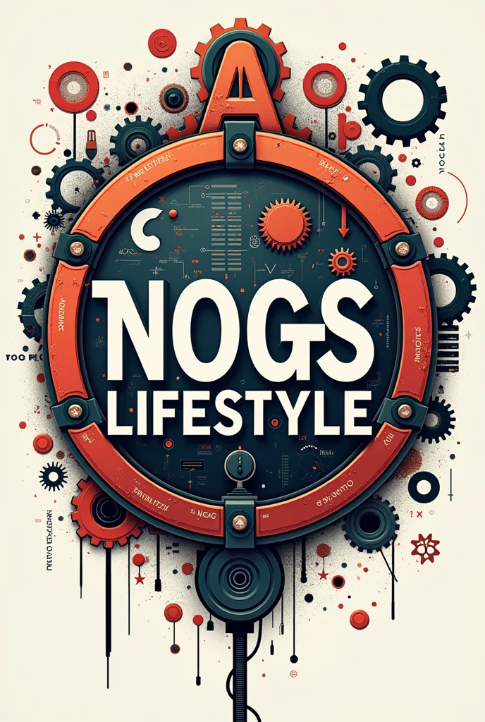 a close up of a sign that says Nogs Lifestyle, arte conceitual por Nick Fudge, trends on ArtStation, neogeo, nagas, next generation, logos, Logotipo redondo, no fog, moog, logo, logo, logo art, Noah Bradley. sharp focus, negao, gears, Low resolution, no ears, illustrated logo
