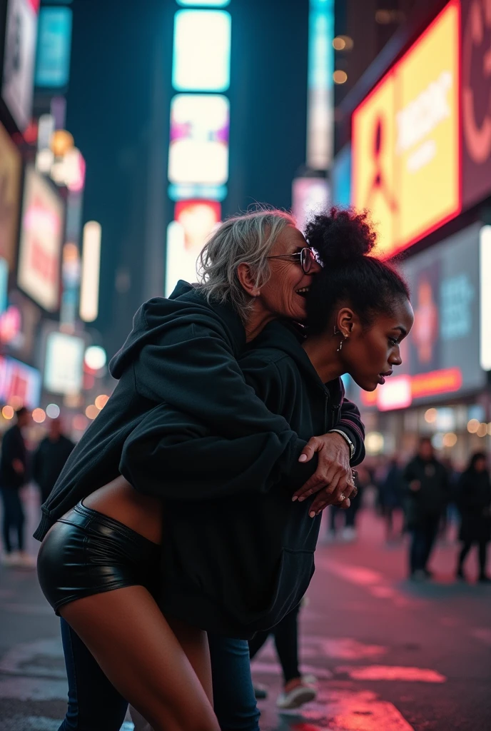 black woman hair in a bun black hoodie black leather short shorts bent over and old woman humping her bump time square new york city
