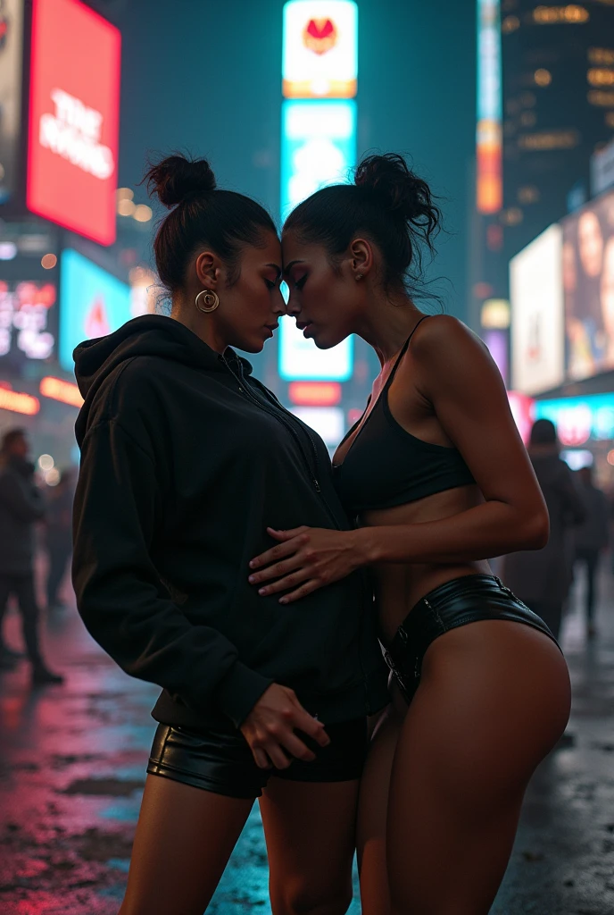 black woman hair in a bun black hoodie black leather short shorts bent over and old woman humping her bump time square new york city