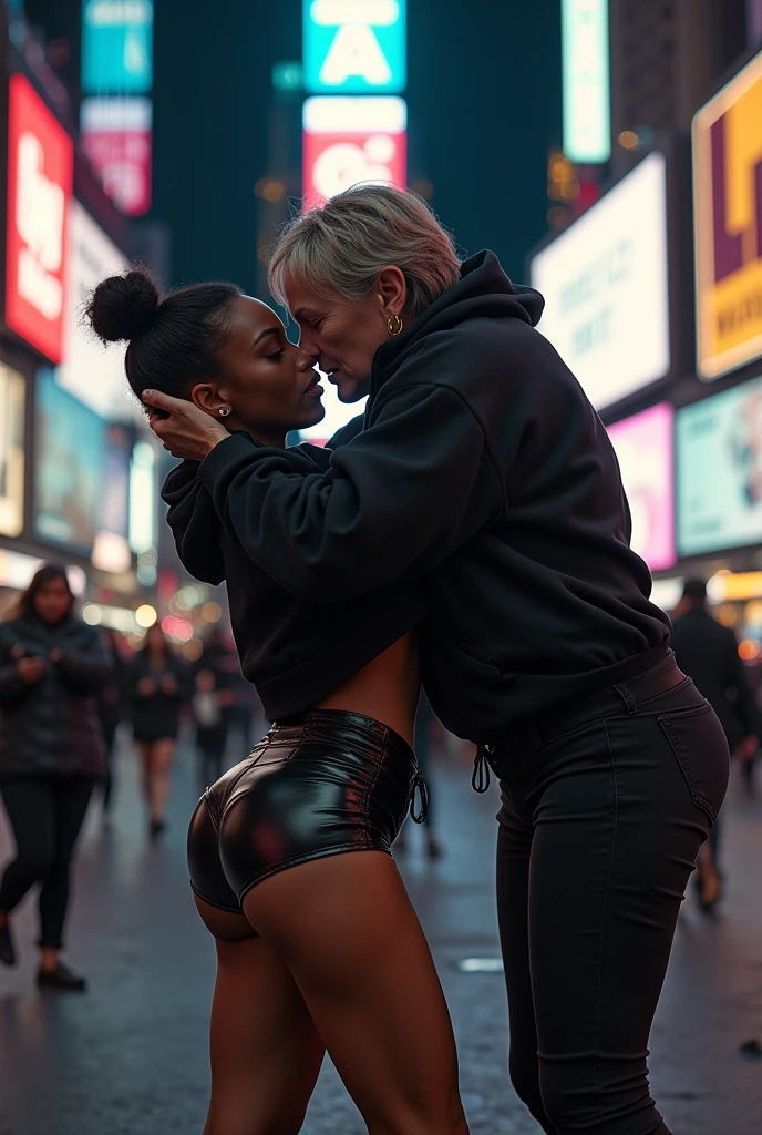 black woman hair in a bun black hoodie black leather short shorts bent over and old woman humping her bump time square new york city