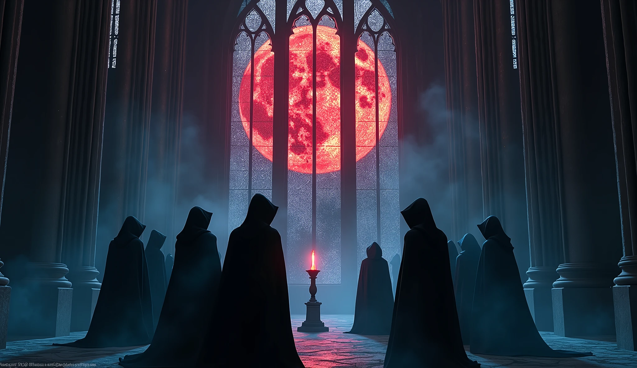 8k、 big red moon ,zoom up, large stained glass(number々の賞を受賞したmasterpiece、Incredible detail、Texture、Maximum details),blue flame candle, (summoning magic),(The moonlight at night is beautiful), (Demon King's Castle),(dark organization)arafed image of a group of people in a church with candles,lit candle, dark cinematic concept art, elegant cinematic fantasy art, photorealistic dark concept art, by Beeple, dark robes, wojtek fus, gothic epic library concept, gothic epic library, epic cinematic concept art, dark concept art, Beeple and mike winkelmann, symmetrical epic fantasy art, High resolution, masterpiece, Highest quality, Intricate details, Very detailed, Clear focus, practical skin texture, texture, Shot with Canon, 85mm, Shallow and deep, Kodak Vision Color, Exactly, Very detailed, photograph_\(Extremist\), photographpractical, practical, Post-processing, Maximum details, Roughness, Real Life, Extremist practical, Photorealism, photographgraphy, 8K Ultra HD, photographgraphy