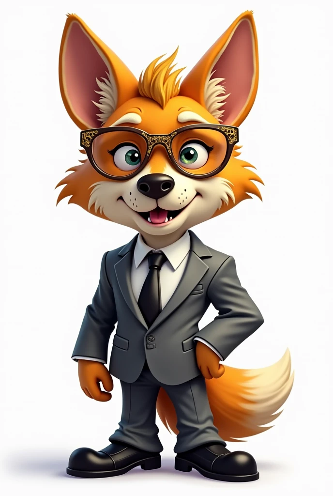 cartoon dingo dressed like WWE wrestling manager JJ dillon.

cartoon dingo head. Dingo hands. Gold glasses.

Blonde hair. Old and fragile. Grey suit. White dress shirt. Black tie. Grey pants. Black dress shoes.