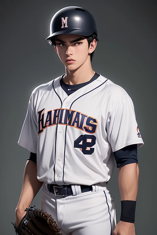 Highest quality,Ultra HD,2d,Cartoon style,A high school baseball player is standing wearing a baseball uniform, Height 179cm, Well-balanced, muscular build. ((He has black hair and wears a helmet)),(The eyes are large but sharp.), Sharp jawline, fitted baseball uniform, Capped, (Standing with a bat),((Stadium background 1.5))